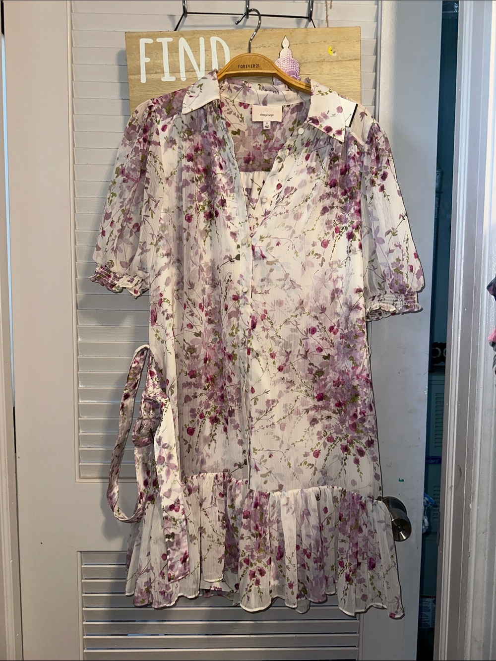 cinq à sept White Floral Button-Front Dress with Pink & Green Print
